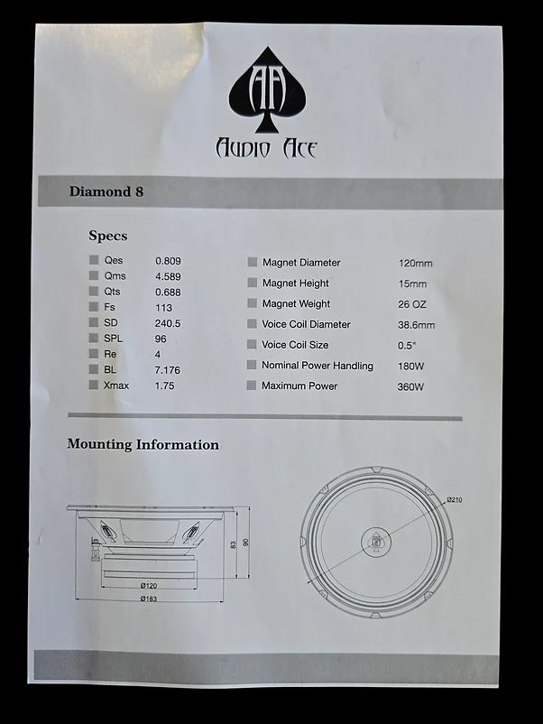 Audio Ace Diamond 8″ Mid‑Range Pro Audio Car Speaker - 180 W RMS, 4Ω - Image 7