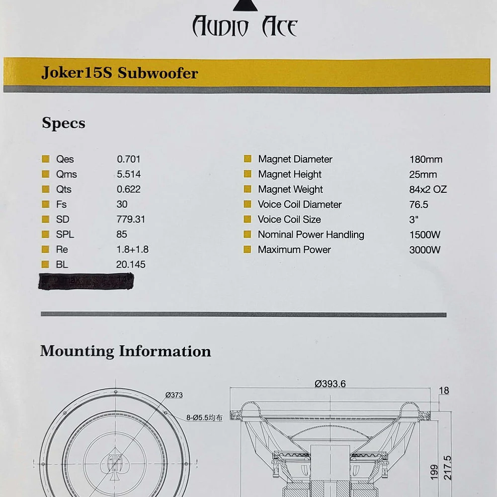 Audio Ace Joker v3 15" 1500W RMS Dual-2-Ohm Subwoofer - Image 4