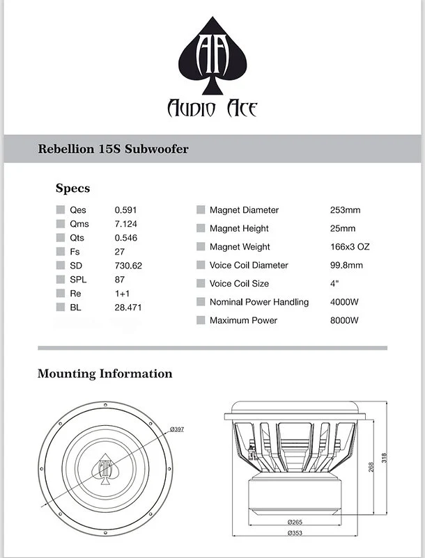 AUDIO ACE REBELLION 15" DUAL 1 OHM SUBWOOFER - Image 5